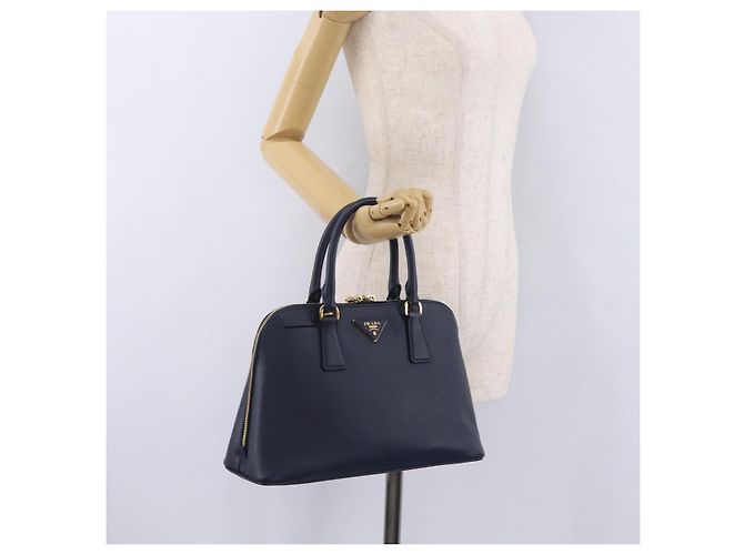 Saffiano Sac à main PRADA cuir Safiano Navy Gold Auth 202507A Doré Bleu Marine - vue 31