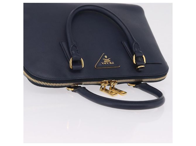 Saffiano Sac à main PRADA cuir Safiano Navy Gold Auth 202507A Doré Bleu Marine - vue 7