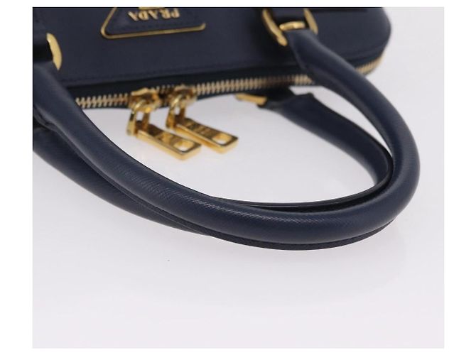 Saffiano Sac à main PRADA cuir Safiano Navy Gold Auth 202507A Doré Bleu Marine - vue 8