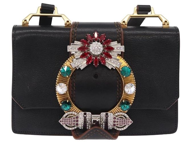Borsa a tracolla Miu Miu Madras in pelle nera e oro Auth 207539M Nero - vista 13