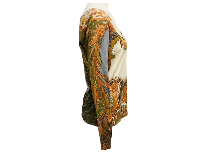 Etro Beige / Grey Multi Paisley Patterned Long Sleeved V-Neck Silk and Cashmere Knit Pullover Sweater Multicor - vista 2