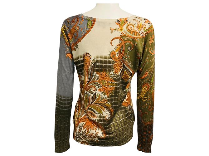 Etro Beige / Grey Multi Paisley Patterned Long Sleeved V-Neck Silk and Cashmere Knit Pullover Sweater Multicor - vista 3
