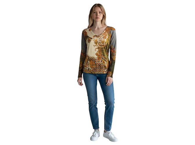 Etro Beige / Grey Multi Paisley Patterned Long Sleeved V-Neck Silk and Cashmere Knit Pullover Sweater Multicor - vista 4