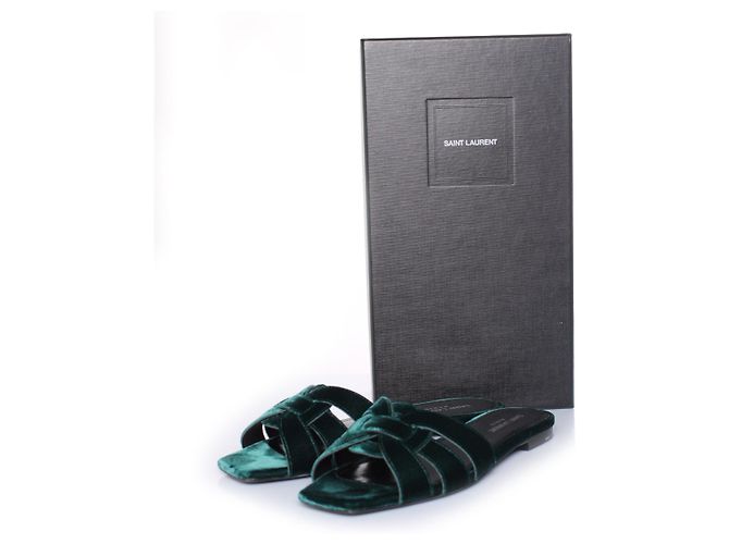 Autre Marque Saint Laurent, sandalo mule in velluto verde smeraldo - vista 7