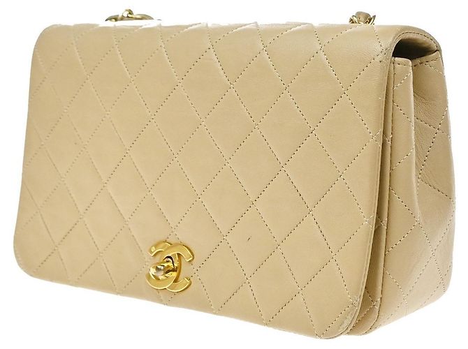 Chanel Vintage Full Flap Quilted Lambskin Medium Beige - vista 3