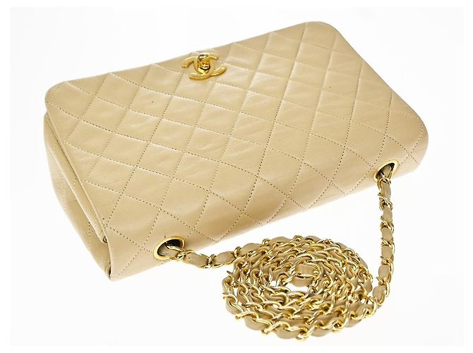Chanel Vintage Full Flap Quilted Lambskin Medium Beige - vista 7