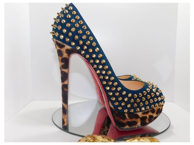 Lady Peep Décolleté Christian Louboutin in camoscio blu con borchie dorate e stampa leopardata Marrone Gold hardware - vista 10