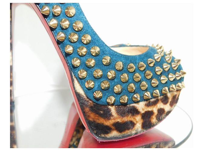 Lady Peep Décolleté Christian Louboutin in camoscio blu con borchie dorate e stampa leopardata Marrone Gold hardware - vista 11