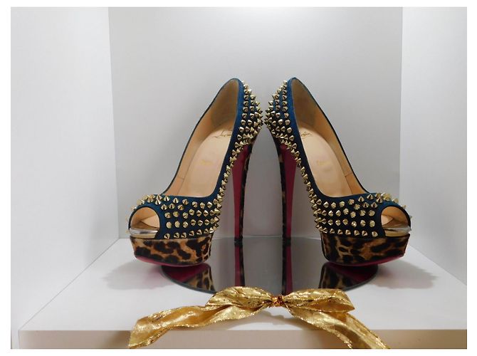 Lady Peep Décolleté Christian Louboutin in camoscio blu con borchie dorate e stampa leopardata Marrone Gold hardware - vista 12