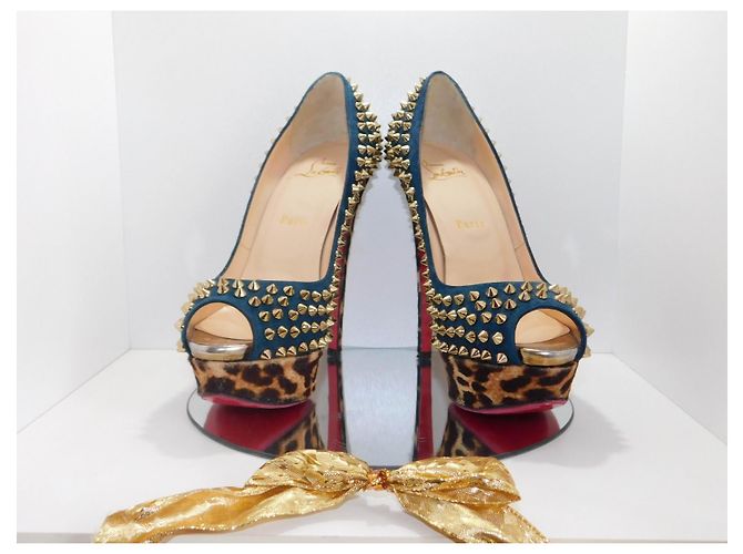Lady Peep Décolleté Christian Louboutin in camoscio blu con borchie dorate e stampa leopardata Marrone Gold hardware - vista 14