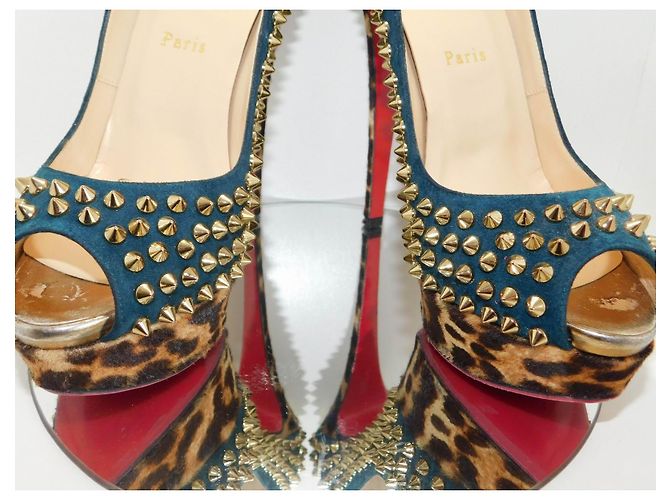 Lady Peep Décolleté Christian Louboutin in camoscio blu con borchie dorate e stampa leopardata Marrone Gold hardware - vista 15