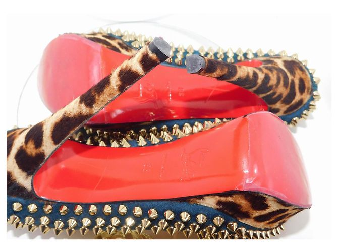 Lady Peep Décolleté Christian Louboutin in camoscio blu con borchie dorate e stampa leopardata Marrone Gold hardware - vista 17