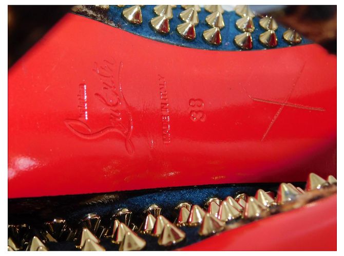 Lady Peep Décolleté Christian Louboutin in camoscio blu con borchie dorate e stampa leopardata Marrone Gold hardware - vista 18