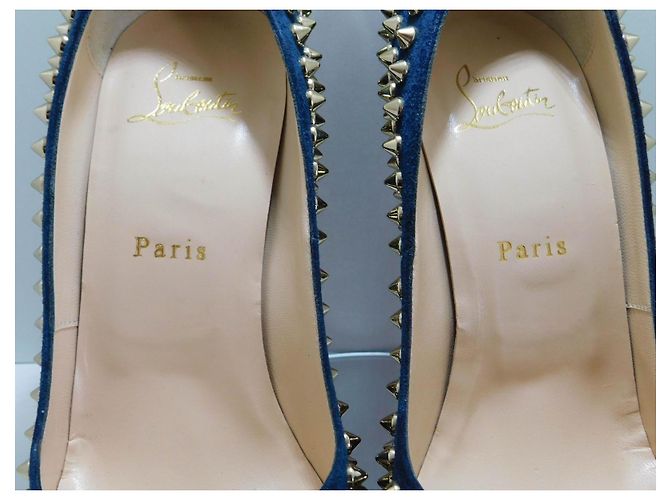 Lady Peep Décolleté Christian Louboutin in camoscio blu con borchie dorate e stampa leopardata Marrone Gold hardware - vista 3