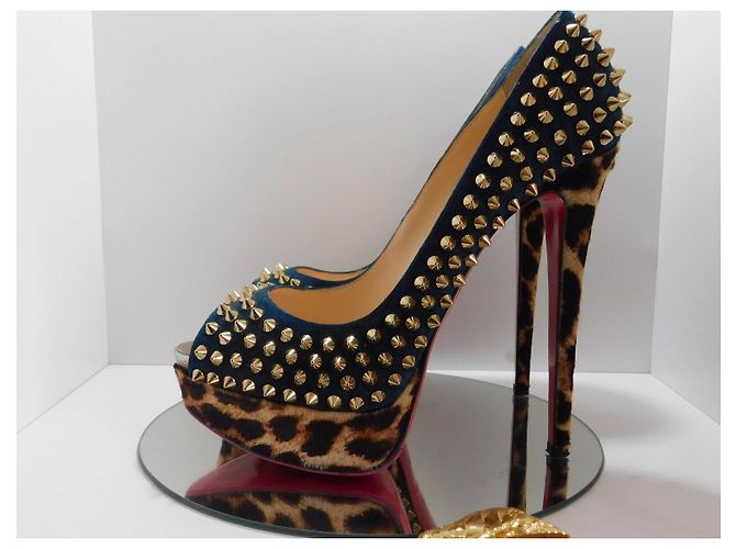Lady Peep Décolleté Christian Louboutin in camoscio blu con borchie dorate e stampa leopardata Marrone Gold hardware - vista 4