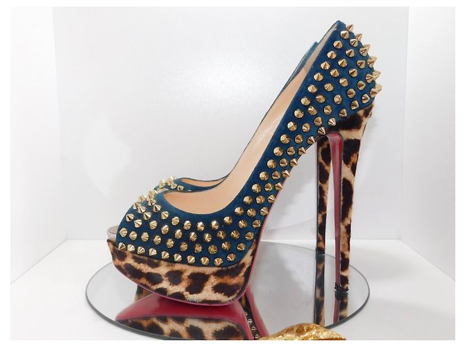 Lady Peep Décolleté Christian Louboutin in camoscio blu con borchie dorate e stampa leopardata Marrone Gold hardware - vista 5