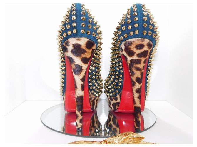 Lady Peep Décolleté Christian Louboutin in camoscio blu con borchie dorate e stampa leopardata Marrone Gold hardware - vista 6