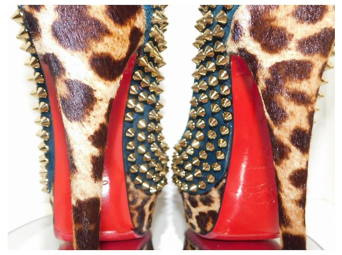 Lady Peep Décolleté Christian Louboutin in camoscio blu con borchie dorate e stampa leopardata Marrone Gold hardware - vista 7