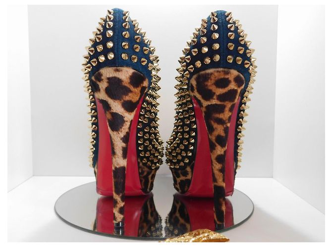 Lady Peep Décolleté Christian Louboutin in camoscio blu con borchie dorate e stampa leopardata Marrone Gold hardware - vista 8