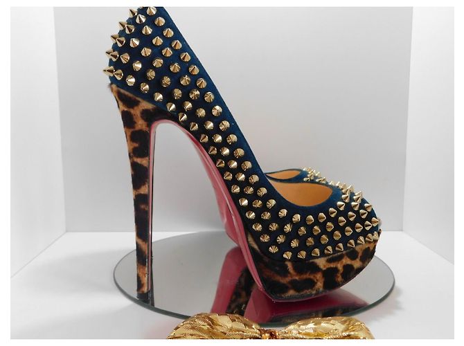 Lady Peep Décolleté Christian Louboutin in camoscio blu con borchie dorate e stampa leopardata Marrone Gold hardware - vista 9