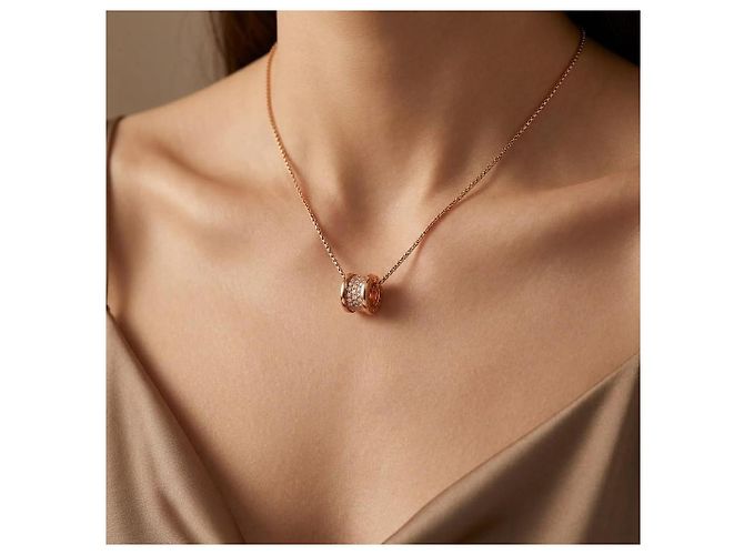 Bulgari B.Zero1 Collana Oro Rosa 750/18K Diamanti Pavé Pendente Collier 42 cm D'oro - vista 4