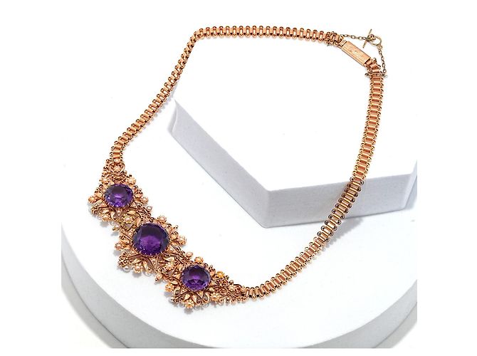 Autre Marque Collana antica con 3 ametiste e perle oro rosa 750/18K 40cm D'oro Porpora - vista 2