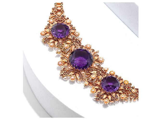 Autre Marque Collana antica con 3 ametiste e perle oro rosa 750/18K 40cm D'oro Porpora - vista 3