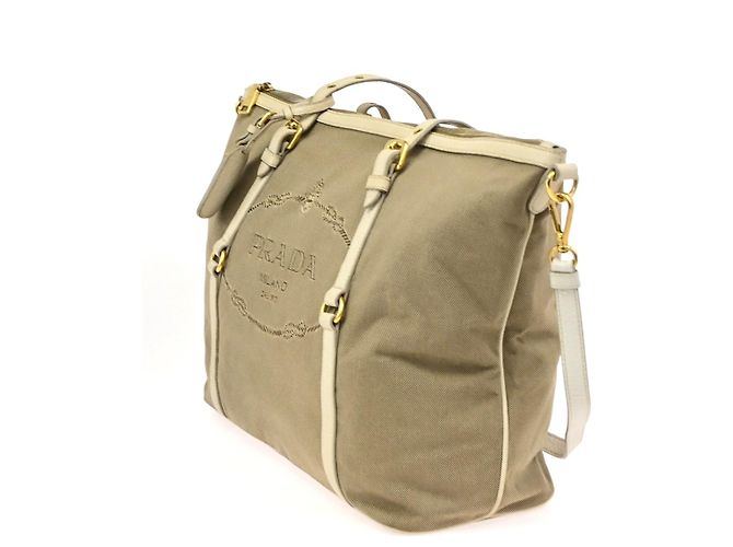 Prada Logo Convertible Shopper Canvas Tall Marrone - vista 4