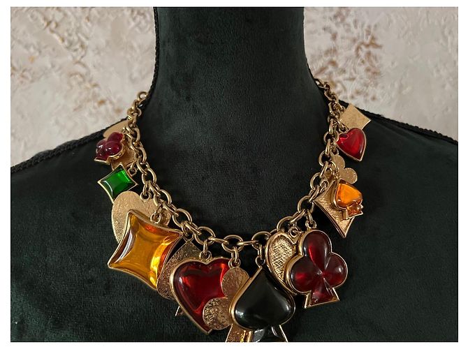 Collana Yves Saint Laurent Gioco di Carte Multicolore Rosso Verde Arancione Gold hardware - vista 2