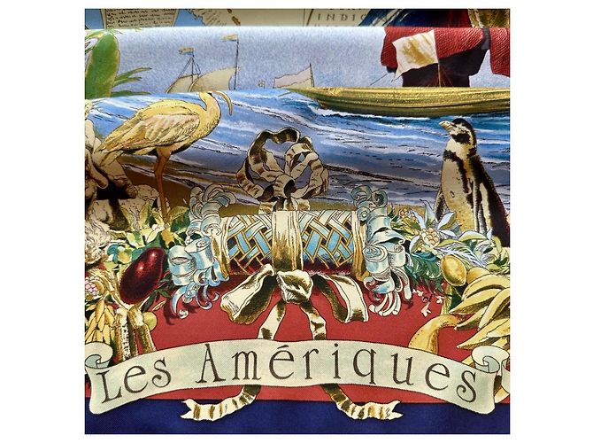 Hermès Foulard seta Les Amériques 90cm Oliver Kermit 1992 Multicolore - vista 2