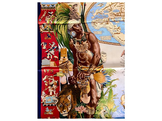 Hermès Foulard seta Les Amériques 90cm Oliver Kermit 1992 Multicolore - vista 4