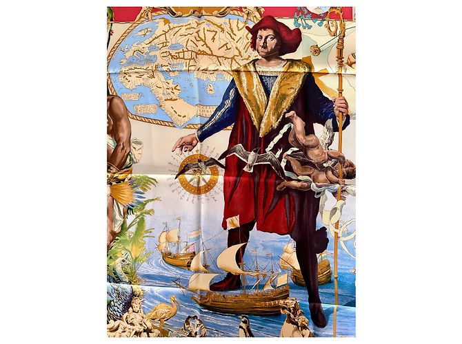 Hermès Foulard seta Les Amériques 90cm Oliver Kermit 1992 Multicolore - vista 6