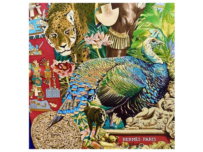 Hermès Foulard seta Les Amériques 90cm Oliver Kermit 1992 Multicolore - vista 9