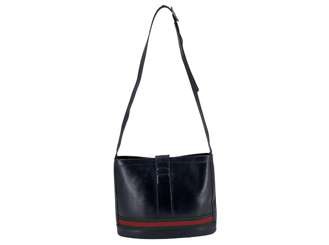 Gucci Sac à épaule Vintage en cuir noir avec motif GG entrelacé et sangle Web - vue 3