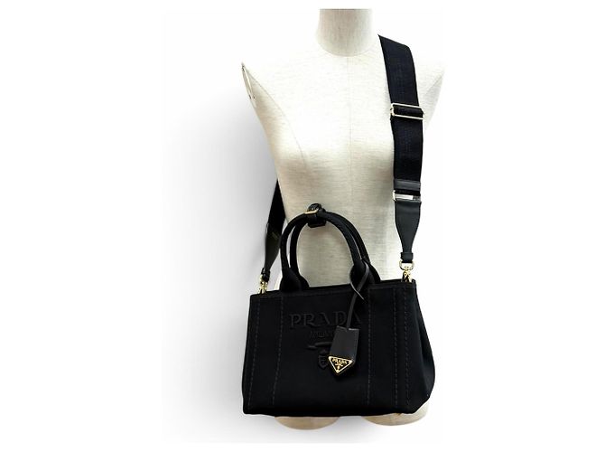 Tote Bolso de mano Prada Jardinière Small de lona de algodón Negro - vista 3