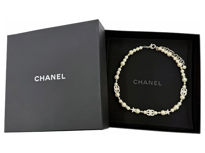 CHANEL C23A Coco Mark Star Eco Pearl Rhinestone Halskette Weiß Golden - Ansicht 2