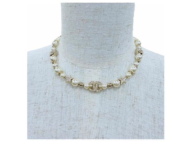 CHANEL C23A Coco Mark Star Eco Pearl Rhinestone Halskette Weiß Golden - Ansicht 3