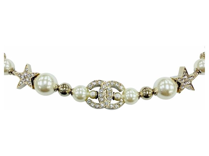 CHANEL C23A Coco Mark Star Eco Pearl Rhinestone Halskette Weiß Golden - Ansicht 4