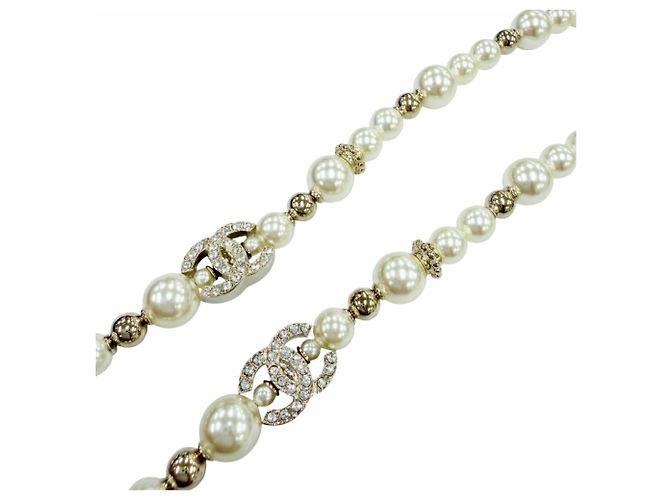 CHANEL C23A Coco Mark Star Eco Pearl Rhinestone Halskette Weiß Golden - Ansicht 5
