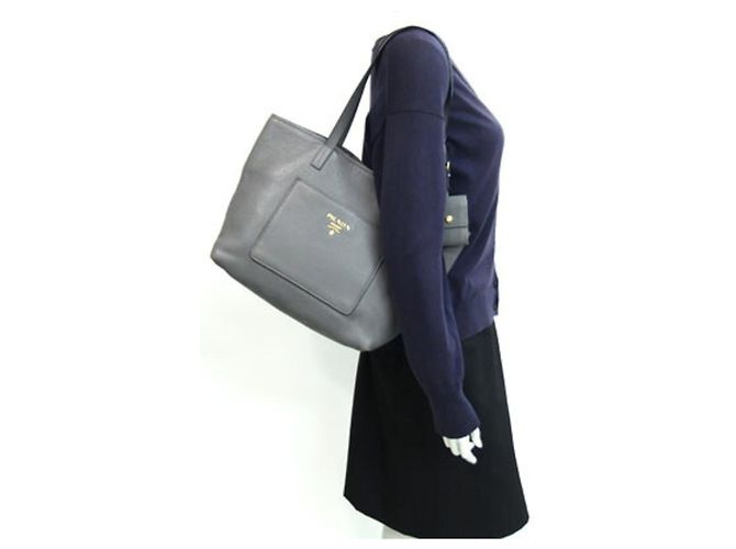 Prada Gray Leather Tote Bag Brown - view 10
