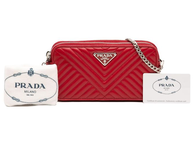 Prada Red Mini Soft Calf Impunture Diagramme Double Zip Bag Rot - Ansicht 8