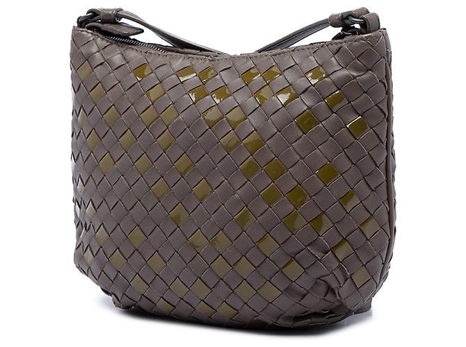 Borsa a tracolla Bottega Veneta in nappa e vernice Intrecciato marrone Taupe - vista 2