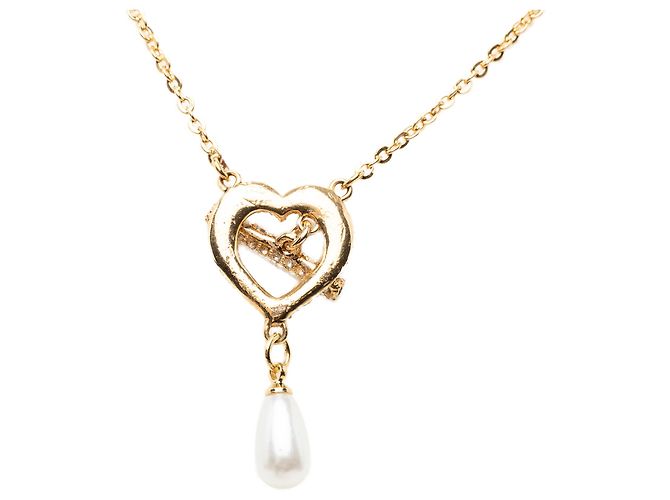 Colar Dior Gold Plated com pingente de strass e falsa pera em formato de gota Dourado - vista 2