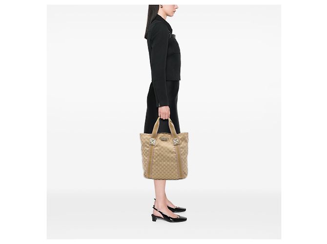 Sacola Gucci em lona GG bege com faixa Web - vista 6