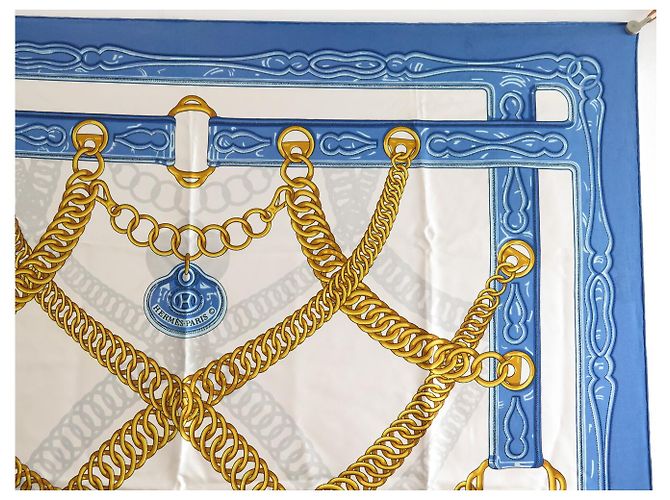 Hermès VINTAGE HERMES MAILLONS 1973 LATHAM CARRE 90 SEIDENTUCH BLAU - Ansicht 3