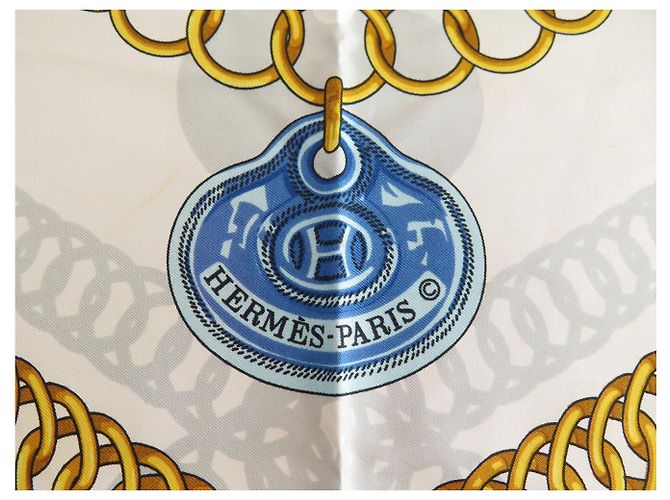 Hermès VINTAGE HERMES MAILLONS 1973 LATHAM CARRE 90 SEIDENTUCH BLAU - Ansicht 7