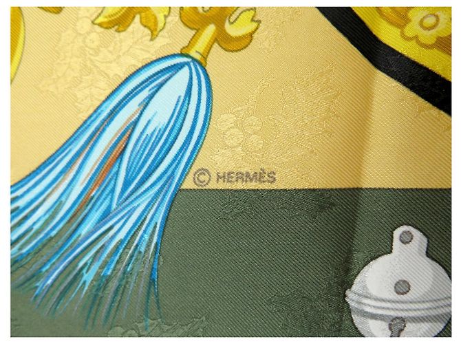 Hermès FOULARD VINTAGE HERMES PLUMES & GRELOTS 1ª EDIZIONE CARRE 90 SETA BROCCATA Verde - vista 12