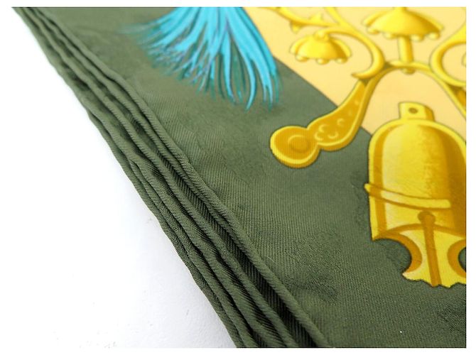 Hermès FOULARD VINTAGE HERMES PLUMES & GRELOTS 1ª EDIZIONE CARRE 90 SETA BROCCATA Verde - vista 14