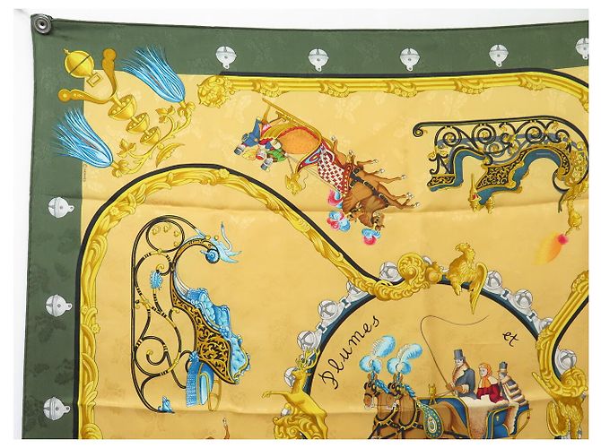 Hermès FOULARD VINTAGE HERMES PLUMES & GRELOTS 1ª EDIZIONE CARRE 90 SETA BROCCATA Verde - vista 2