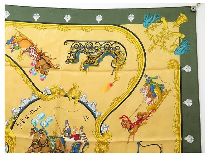 Hermès FOULARD VINTAGE HERMES PLUMES & GRELOTS 1ª EDIZIONE CARRE 90 SETA BROCCATA Verde - vista 3